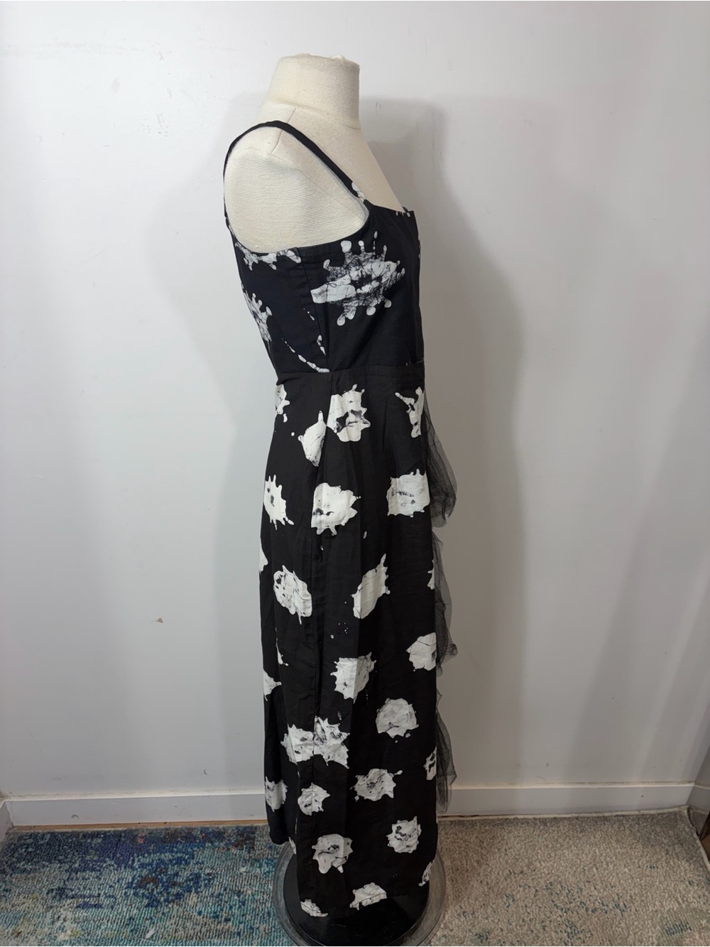 BUSAYO Black & White Abstract Print Midi Dress Tulle Ruffle Side Size S - Picture 4 of 11